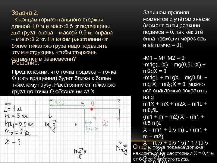 Два однородных груза массой. Стержень 1м подвешен горизонтально. Стержень длиной 1 м и массой 2 кг. На 1 конце стержня подвешен груз массой 8 килограммов. Стержень длиной 1м и массой 2 кг подвешен за концы.