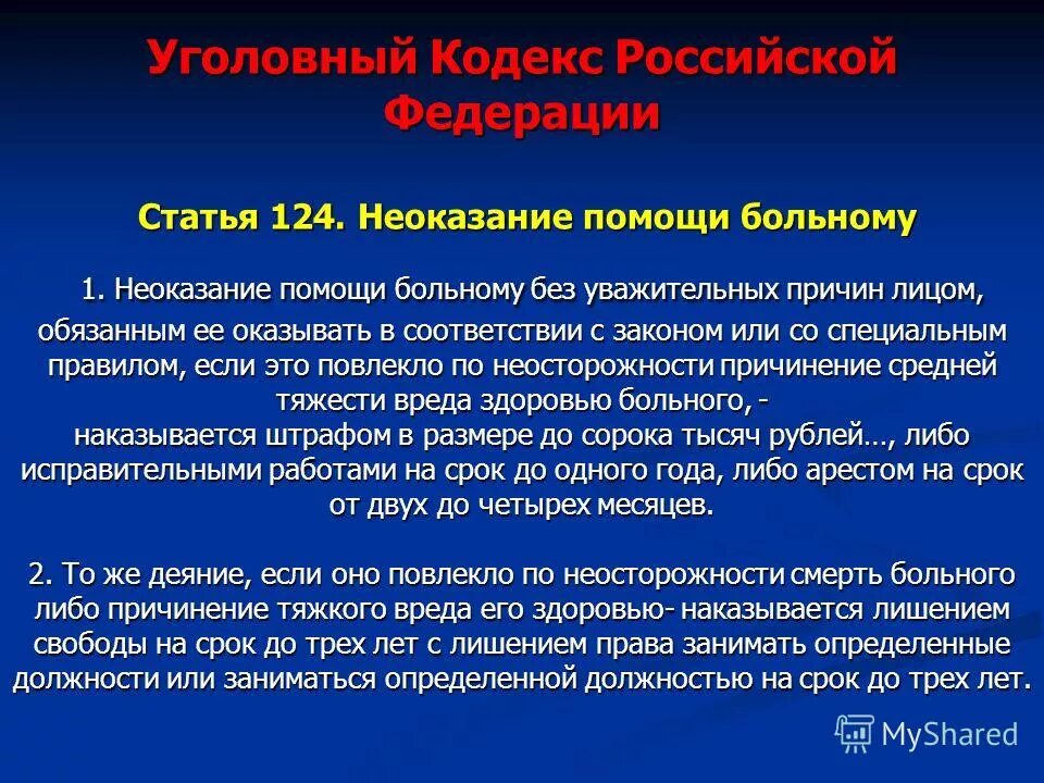 Субъект неоказания помощи больному. Статья 124. Статья 124 уголовного кодекса. Статья 124 УК РФ. Неоказание помощи больному.