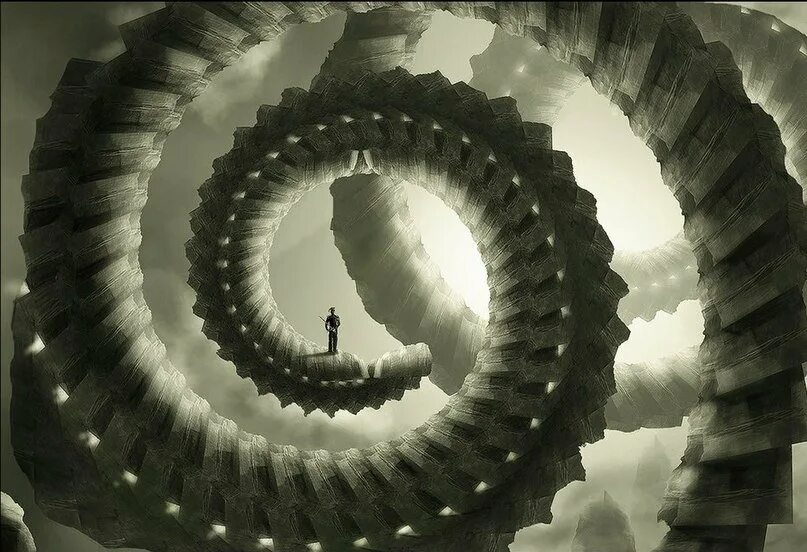 Спираль на черном фоне. Нового спирали. Необычные лестницы. Вращательная симметрия в архитектуре. Центростремительная спираль.