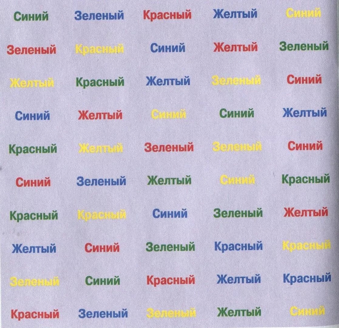 цветные слова. тест цвет и название цвета. желтый красный зеленый таблица. методика словесно цветовой интерференции струпа. желтый красный зеленый таблица.