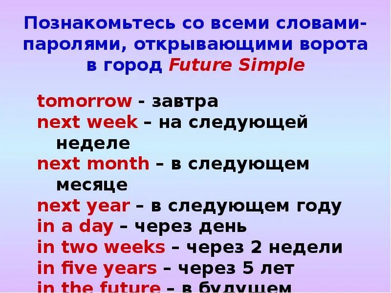 Слова помощники времен. Future simple слова маркеры. Фьючер Симпл маркеры времени. Спутники Future simple. Слова помощники Future simple.