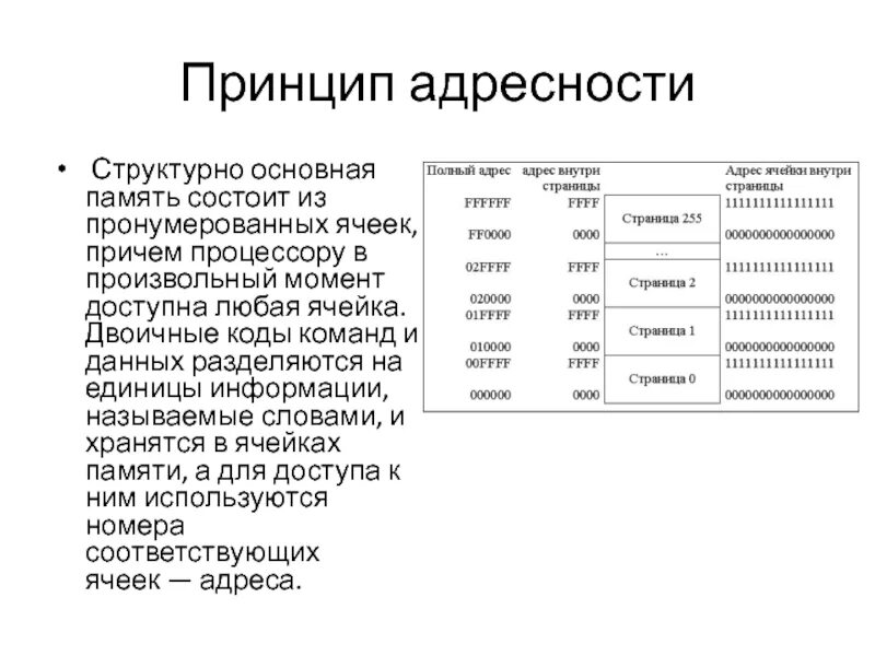 3 принцип памяти. Принцип адресности памяти. Принцип адресности памяти схема. Основная память состоит из. Основополагающие принципы устройства ЭВМ принцип адресности памяти.