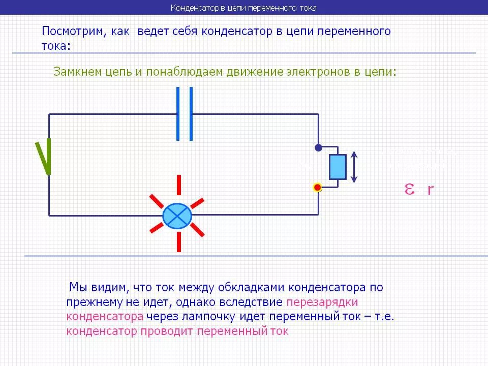 Как ставится конденсатор в цепь. Подключение конденсатора в схеме переменного тока. Схема переменного тока с конденсатором. Конденсатор в переменном напряжении схема. Направление электронов в цепи