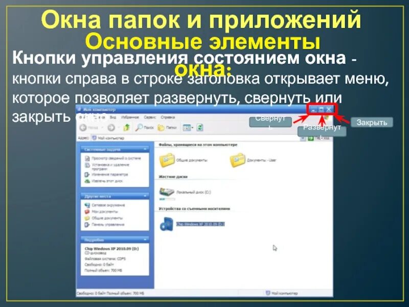 Элементы окон приложений. Окно папки. Элементы окна папки. Кнопки управления состоянием окна. Основные элементы окна папки.