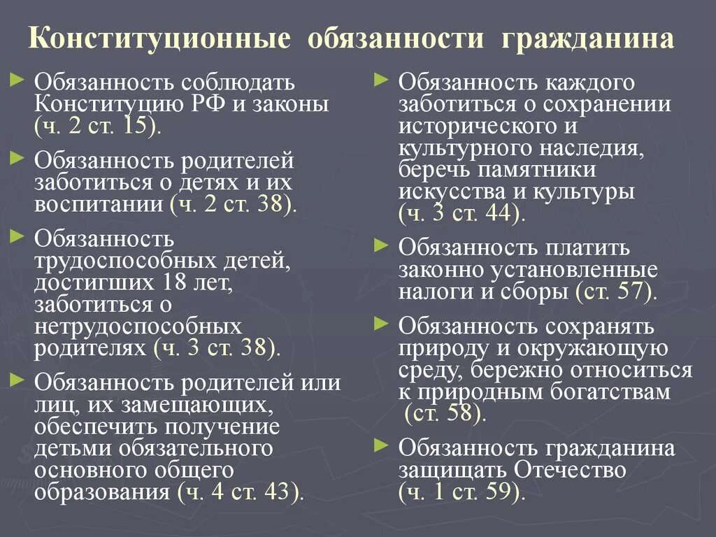 Основные обязанности по конституции рф. Конституционные обязанности гражданина РФ. Конституционные обязанности человека и гражданина в РФ таблица. Конституционные обязанности человека и гражданина в РФ перечислите.