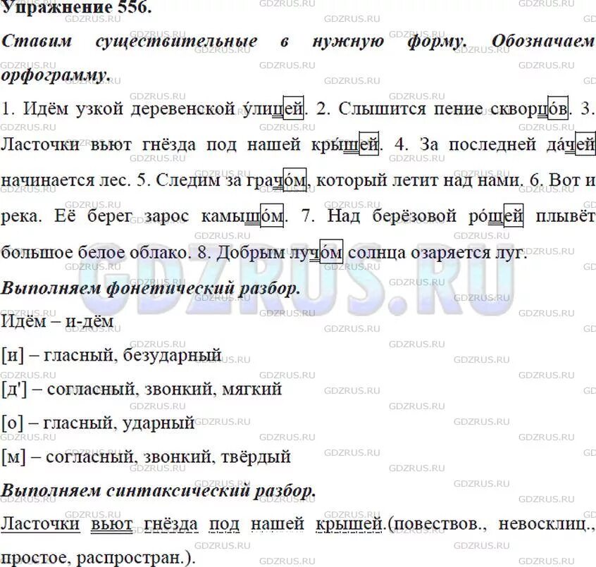 Русский язык 6 класс учебник упражнение 556. 556 Русский язык 5 класс 2 часть. Синтаксический разбор ласточки. Русский язык 5 класс упр 556. Ласточки вьют гнезда под нашей крышей синтаксический разбор.