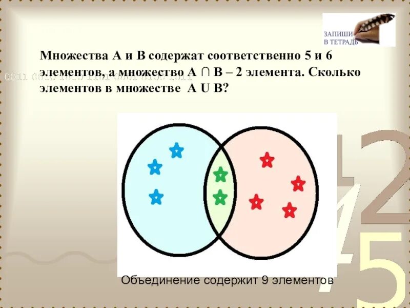 Множество в котором два элемента. Сколько элементов содержит множество. сколько элементов в множестве. количество элементов множества а u в. расположи элементы множеств.