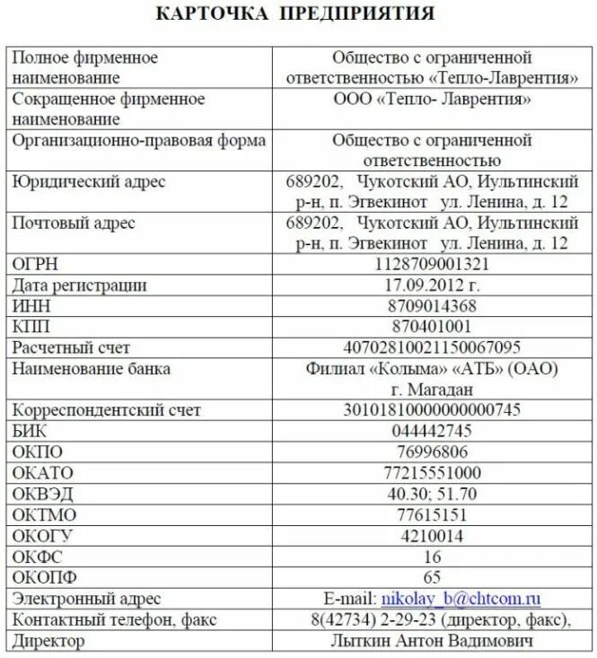 Реквизиты компании образец