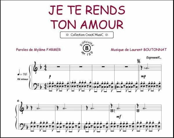 Ноты для фортепиано je te rends ton amour. Te rends