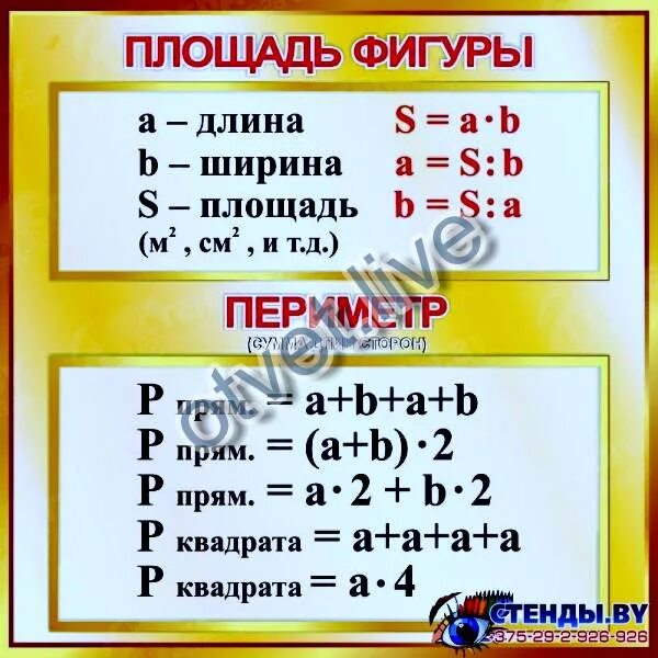 Выучить формулы площади и периметра. Формулы нахождения периметра и площади фигур. формулы площади и периметра 4 класс математика.