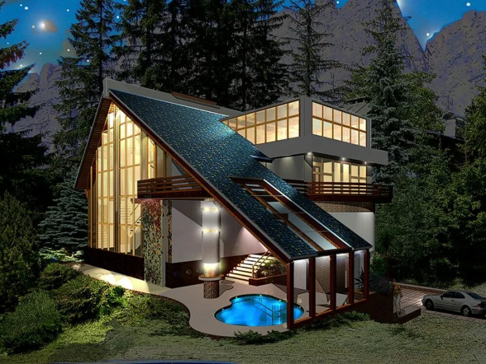 проект honka 200м2. домик с мансардой. красивые загородные дома. проекты коттеджей в современном стиле. дом на склоне.