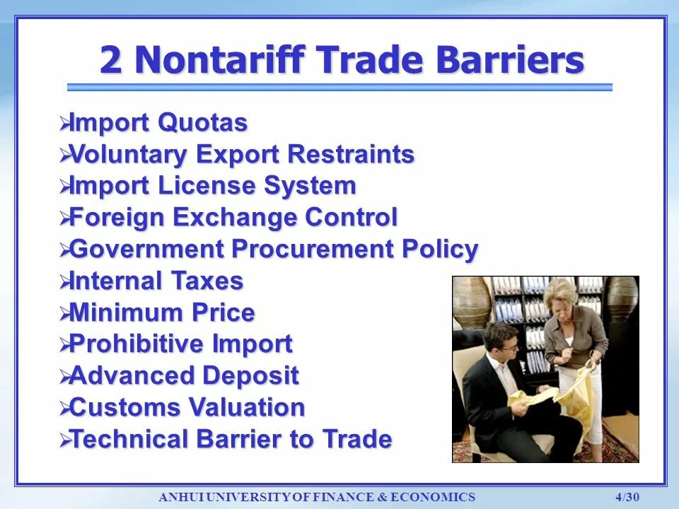 Internal policy. Barriers to trade. Non-tariff Barriers. Technical Barriers. Technical Barriers to trade.