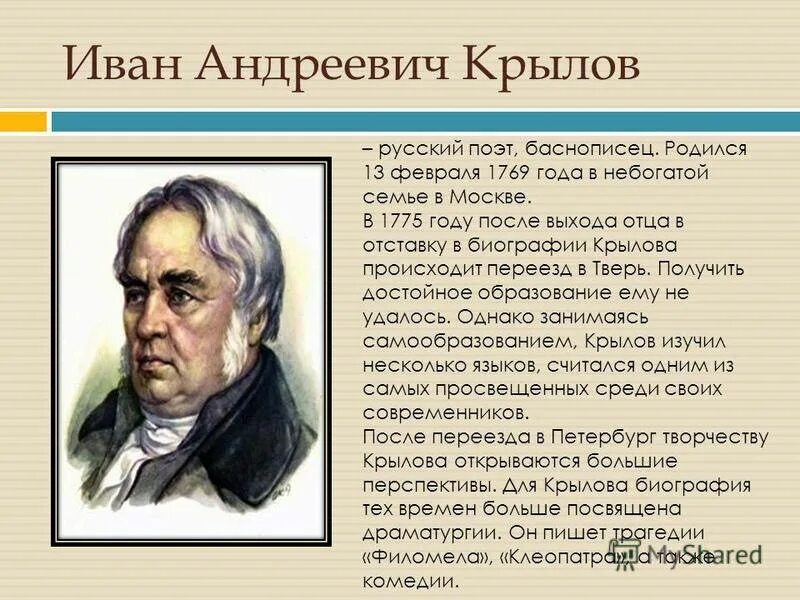 Сообщение о писателе 3 класс. Рассказ о Иване Андреевиче Крылове.