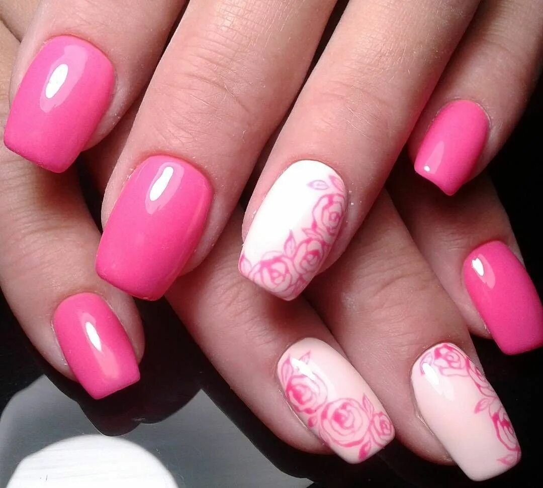 Розовые ногти. Яркий розовый маникюр. Ногти в розовом тоне. Маникюр в розовых тонах. Маникюр с розами.