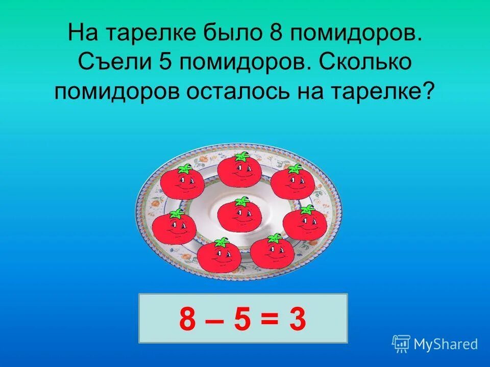 На тарелке лежат красные. На тарелке было 6 красных помидоров и 2. На тарелке было 8 помидоров съели 5 помидоров. Было 5 помидоров. Сколько всего помидоров.