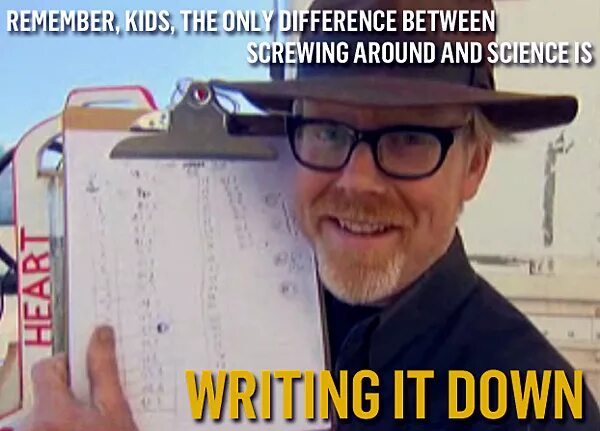 Only difference. Remember Kids, the only difference between screwing around and Science is writing it down. Книга Адама Сэвиджа. Часы Адама Сэвиджа.