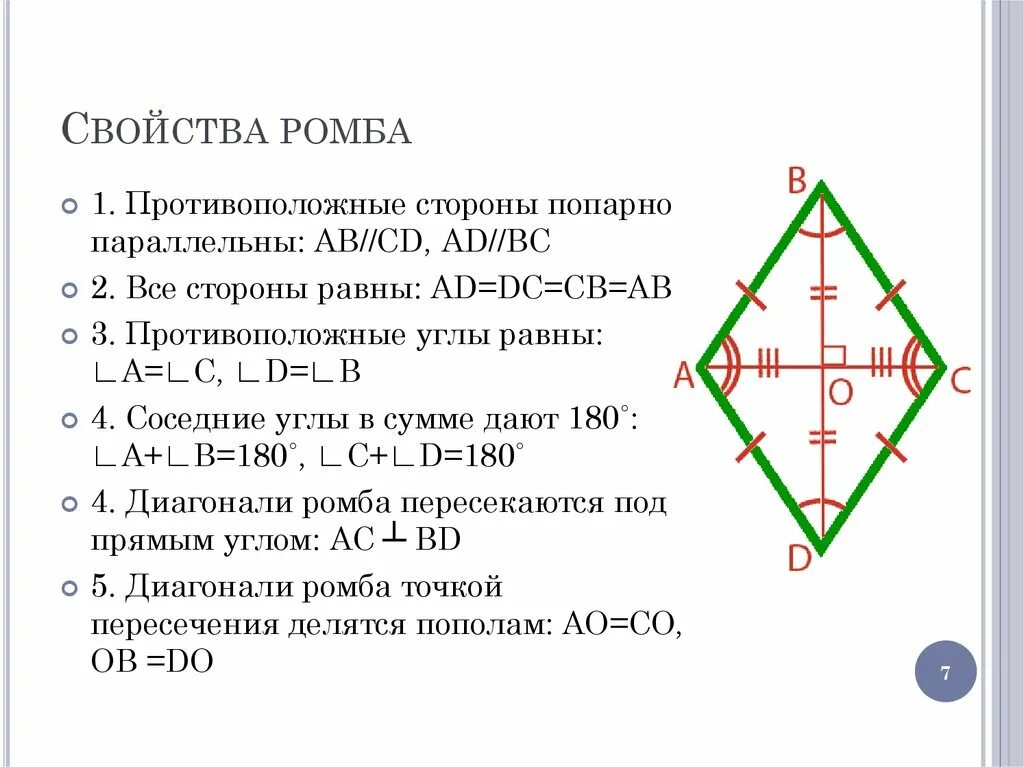 Сформулируйте свойства диагоналей ромба. Свойства углов ромба. Свойства углов ромба 8 класс. В ромбе сумма противоположных углов равна 180. Свойства ромба сумма углов.