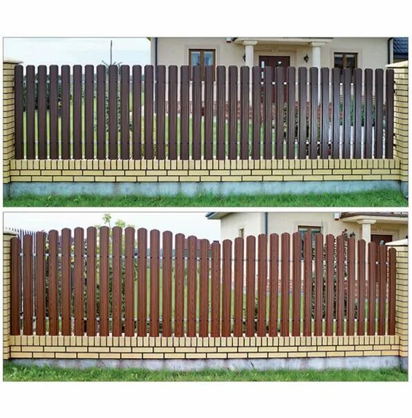 Забор штакетник пролет 3м. Красивый забор из евроштакетника. Ограждение палисадника из металлического штакетника. Красивый забор из штакетника металлического.