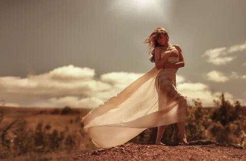 depth of field, long hair, bare shoulders, photography, clouds, dress, see ...