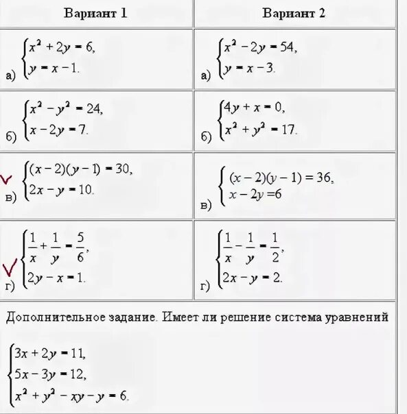 Самостоятельная работа системы нелинейных уравнений 8 класс