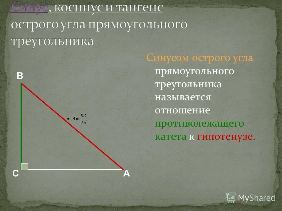 Косинус острого угла прямоугольного треугольника. Противолежащий катет. Синус острого угла всегда меньше единицы