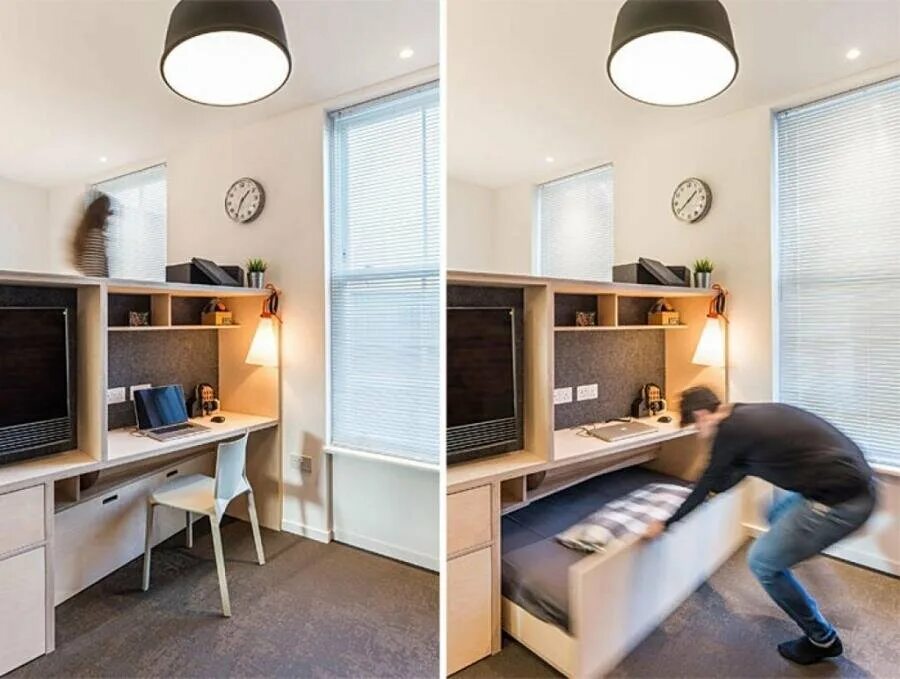 Выдвижная кровать с рабочим местом. Кровать на подиуме в гостиной. Кровати с выкатным рабочим местом. Рабочая зона в студии.