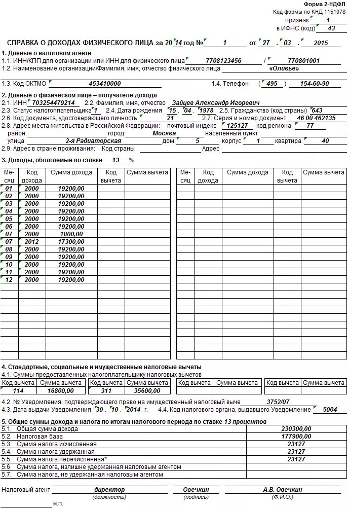 Образец бланка 2 ндфл