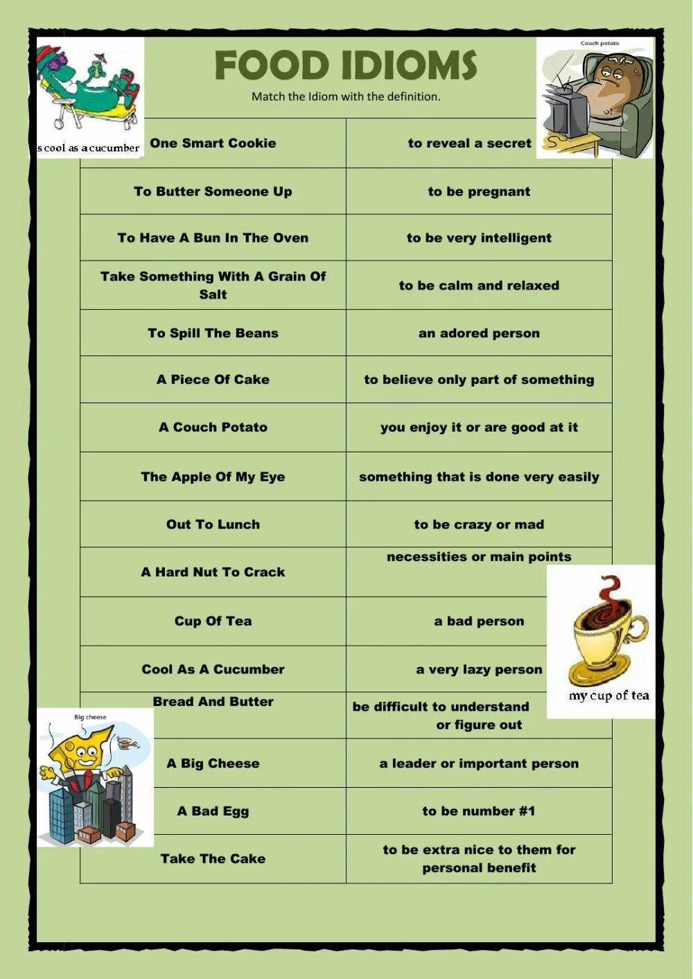 Match the idioms to the definitions. Food idioms. english idioms about food. food idioms worksheets. идиома фуд.