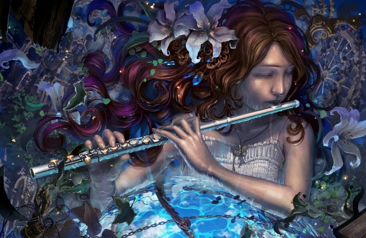 Играющий на флейте. Девушка с флейтой. Девушка с флейтой картина. Флейтист фэнтези. Музыкальные инструменты арт.