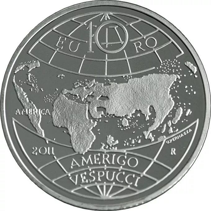 Карта 10 монет. Америго Веспуччи монета 2011. 10 Евро монета Италия. Монеты на карте.