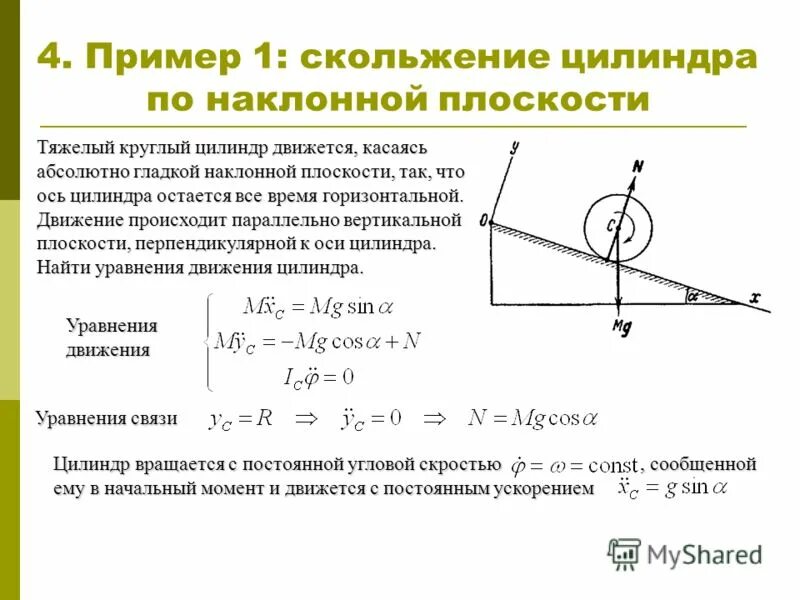 Какая сила тела на наклонной плоскости. Качение цилиндра по плоскости. Уравнение движения тела по наклонной плоскости. Цилиндр скатывается без проскальзывания. Динамика плоского движения твердого тела