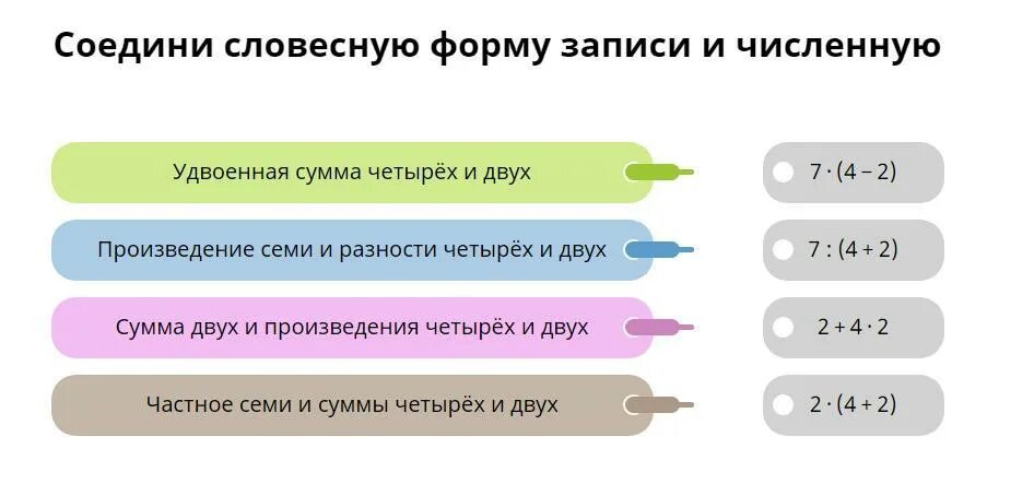 Произведение семи и разности четырех и двух. Произведенени Сими и разность читерех и двух. Соедини словесную форму записи и численную. Произведение семи и разности четырех и двух учи ру. Сумма двух произведений четырех и двух