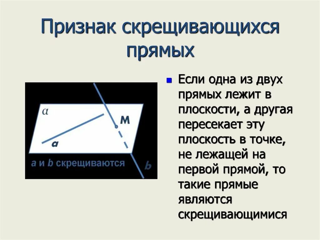 Часть скрещиваются. Признак скрещивающихся прямых. Как доказать что прямые скрещивающиеся. Признак скрещивающихся прямых в пространстве. Прямые называются скрещивающимися.