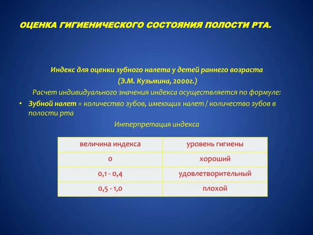 Определение гигиенической оценки. Индекс оценки зубного налета у детей раннего возраста Кузьмина. Индексы для оценки гигиенического состояния полости рта. Индекс гигиены полости рта по Кузьминой. Индекс для оценки зубного налета у детей раннего возраста.