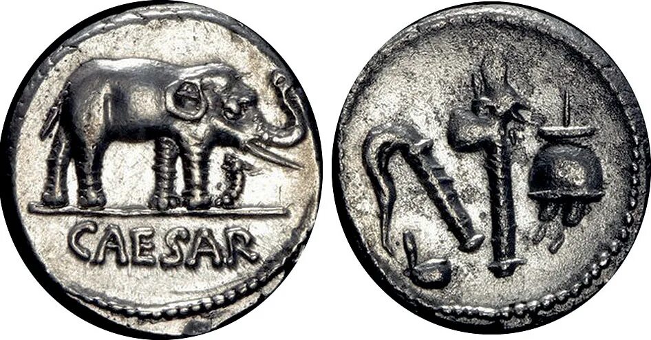 44 год до н э. Денарий Цезаря Lbuca. Римская монета со слоном Caesar.