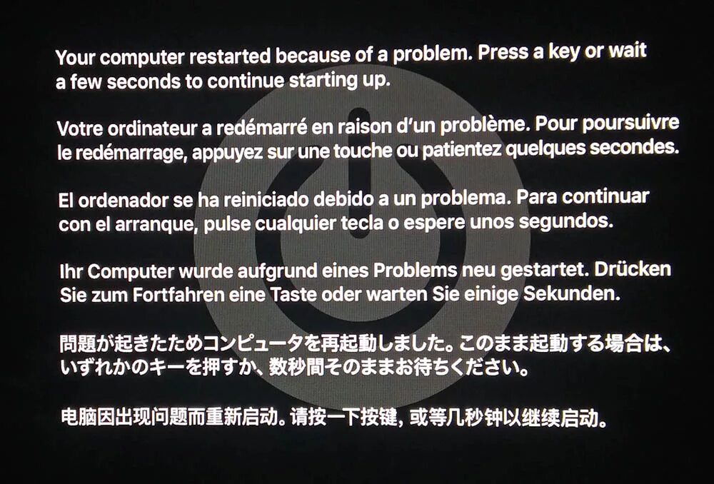 Your Computer restarted because of a problem. Ошибка на Mac your Computer restarted because of a problem. MACBOOK your Computer restarted because of a problem. Ошибка 2002f Mac os. Press to reboot