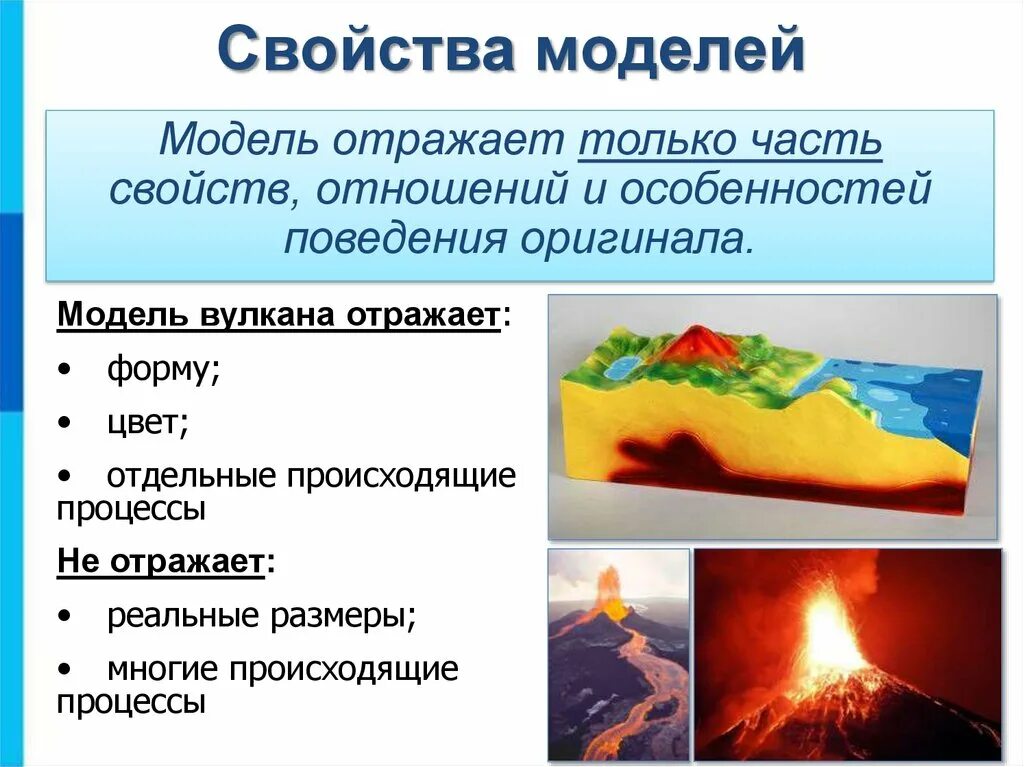 Свойства моделирования. Свойства объекта отражены в модели. Модель отражает. Модель вулканизма.