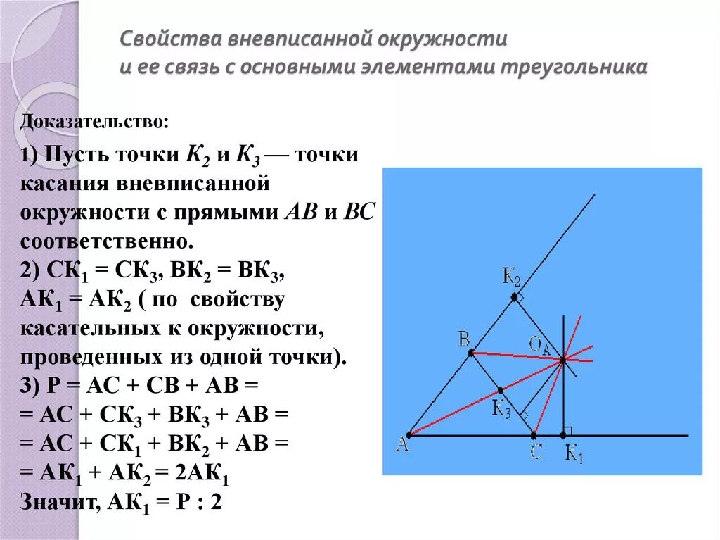 Теорема о центре вневписанной окружности. Центр вписанной и вневписанной окружности. Точка касания вневписанной окружности. Свойства вневписанной окружности