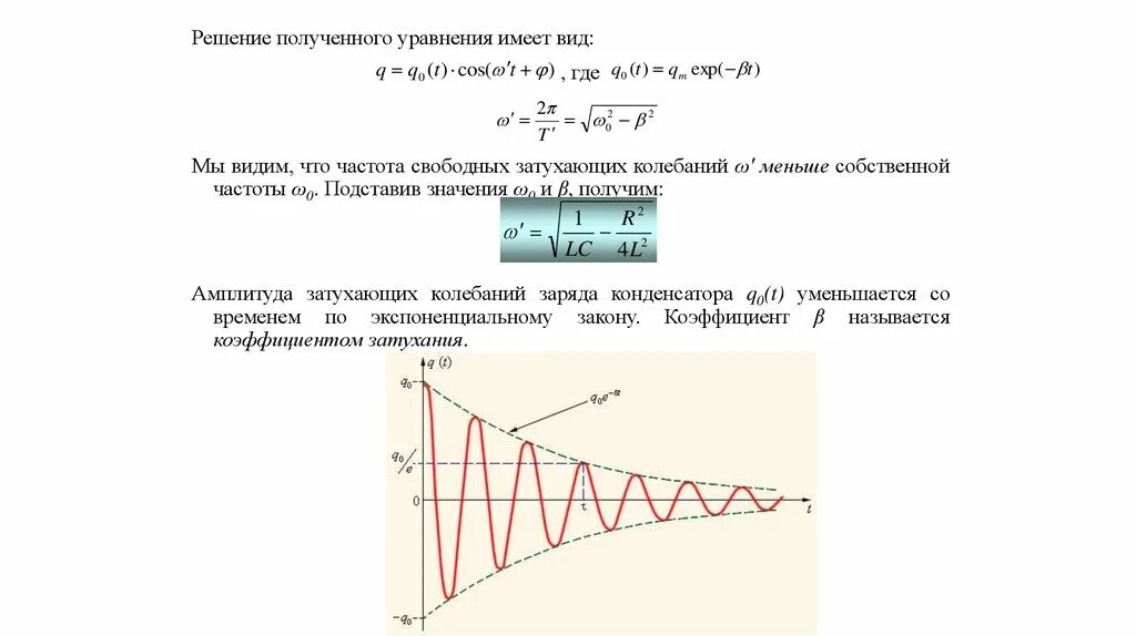 Собственная свободная частота. Частота свободных затухающих колебаний. Собственная частота затухающих электромагнитных колебаний. Уравнения собственных затухающих колебаний заряда. Уравнение свободных затухающих электромагнитных колебаний.