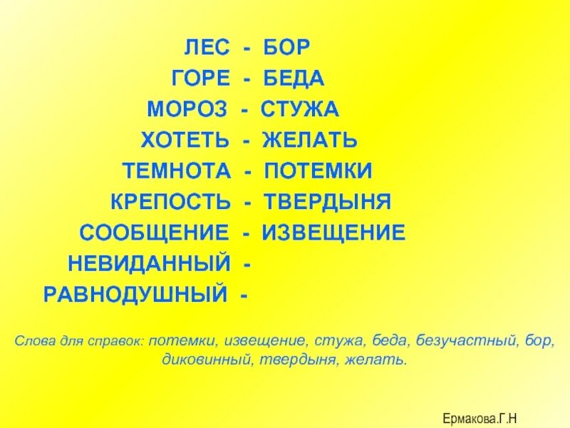 Синоним к слову жара. Синоним к слову лес. Синоним к слову невиданный. Синоним к слову крепость. Антоним к слову лес.