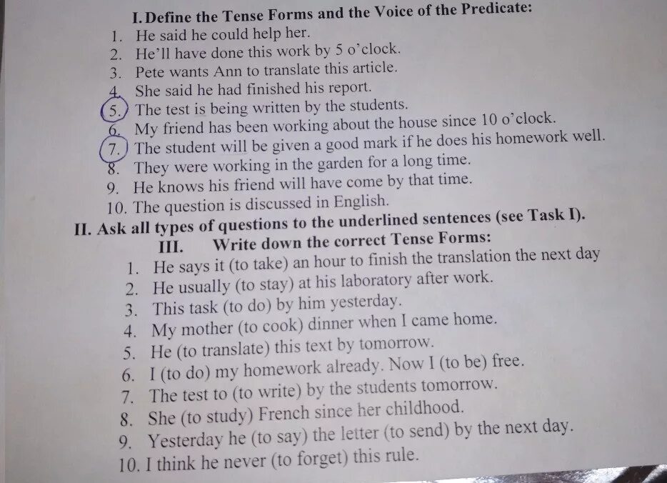 Write questions to the underlined. Define the Tense. Define the Predicate в английском. Define перевод. Define Tense forms and Voice with sentences below.