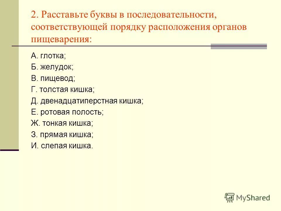 Последовательность расположения элементов. Укажите последовательность расположения отделов. Расставить органы по порядку.