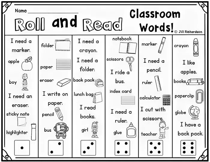Words class. Roll and read for kids. classroom reading games. roll and read worksheets. roll and read game.