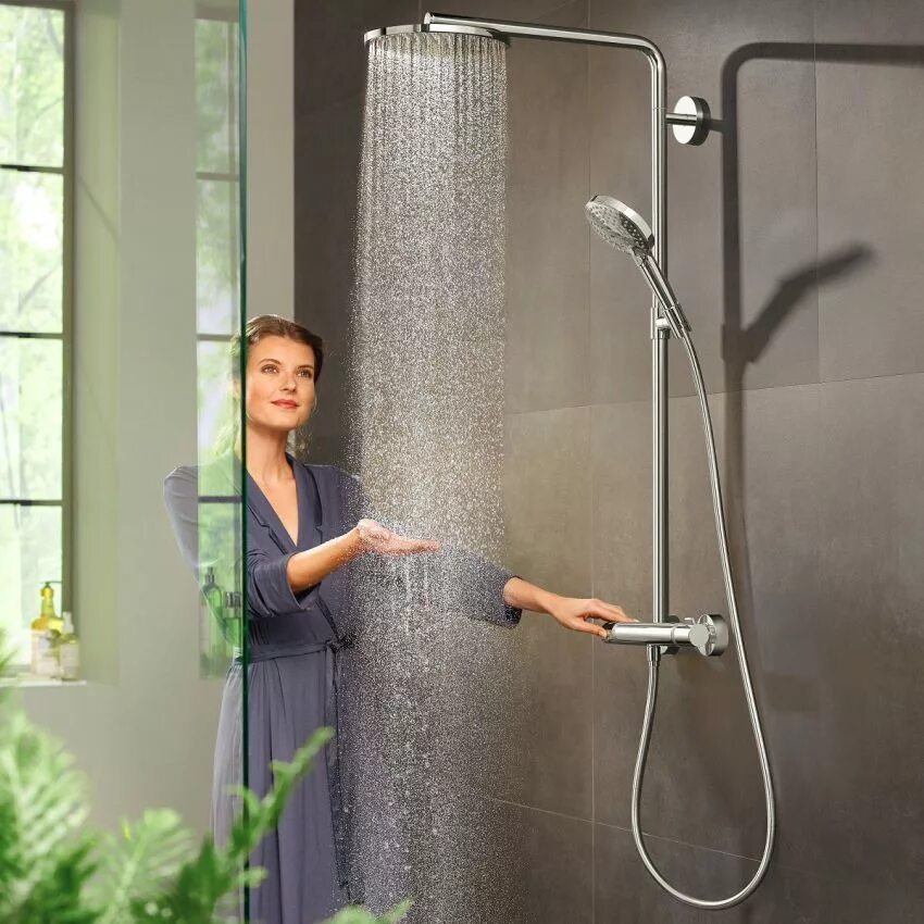 Лучшие душевые стойки. Душевая стойка Hansgrohe с термостатом. Hansgrohe душевая система с тропическим душем. Hansgrohe 27633670. Душевая система Hansgrohe артикул 91278603.