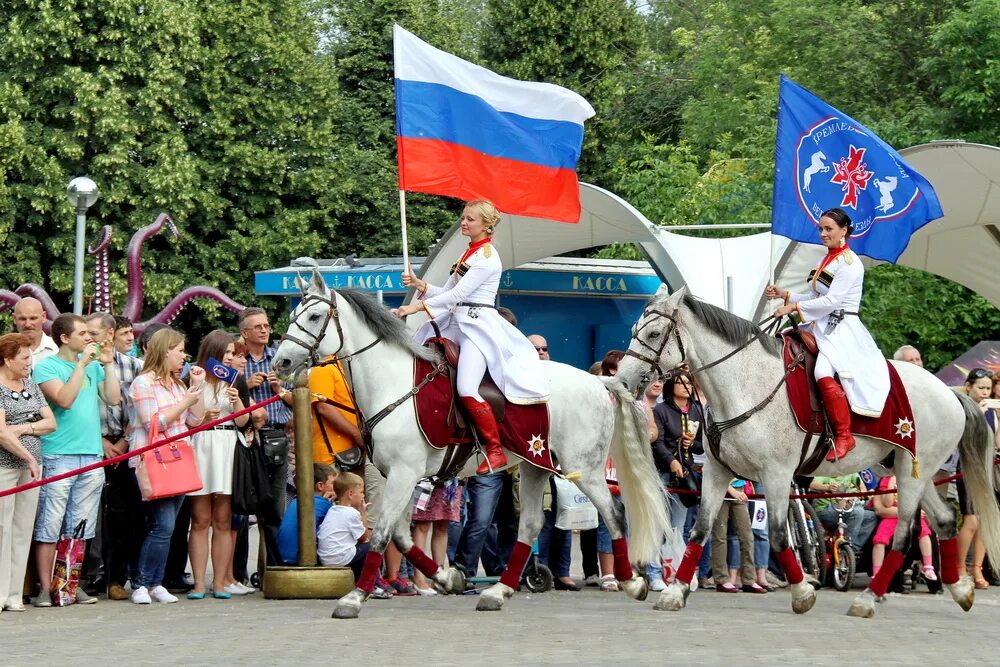 Конкурс кон. Флаг России кони. Центр национальных конных традиций на ВДНХ. Специальные праздники. С российским флагом на коне.