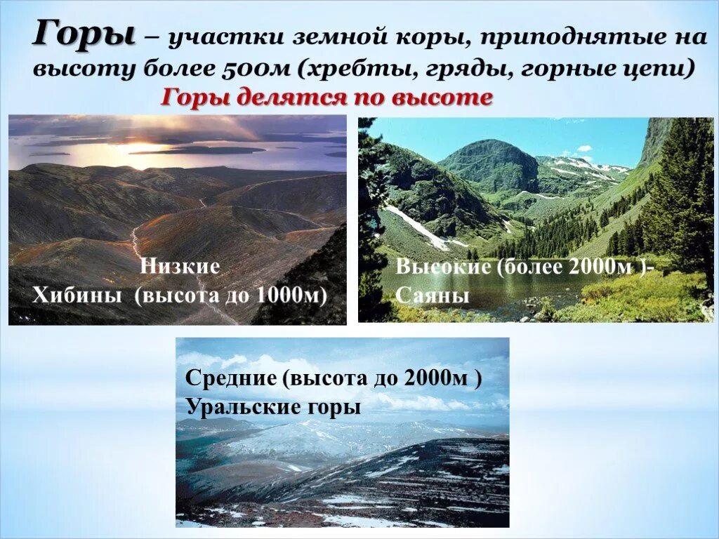 На какие группы делятся горы по высоте. Горы по высоте делятся на. Положительные формы рельефа. Горы Хибины средняя высота. Горы на участке земной коры.