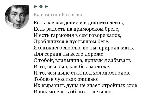 Анализ стихотворения у птицы есть. Стихотворение Батюшкова есть наслаждение и в дикости лесов. Батюшков есть наслаждение и в дикости. Наслаждение дикости лесов Батюшков.