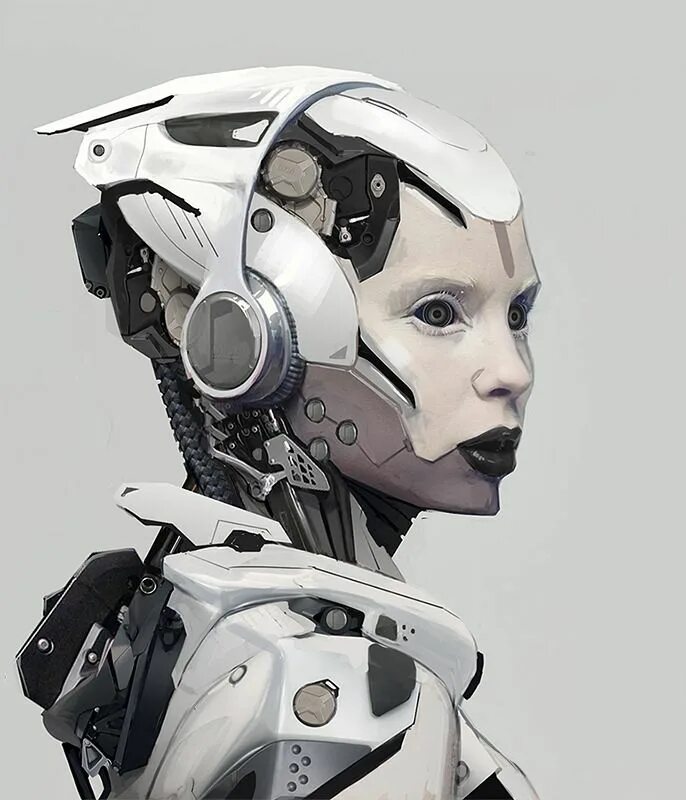 Cyberpunk роботы. Художник darren bartley. концепт cyberpunk роботы. девушка робот. лицо робота.