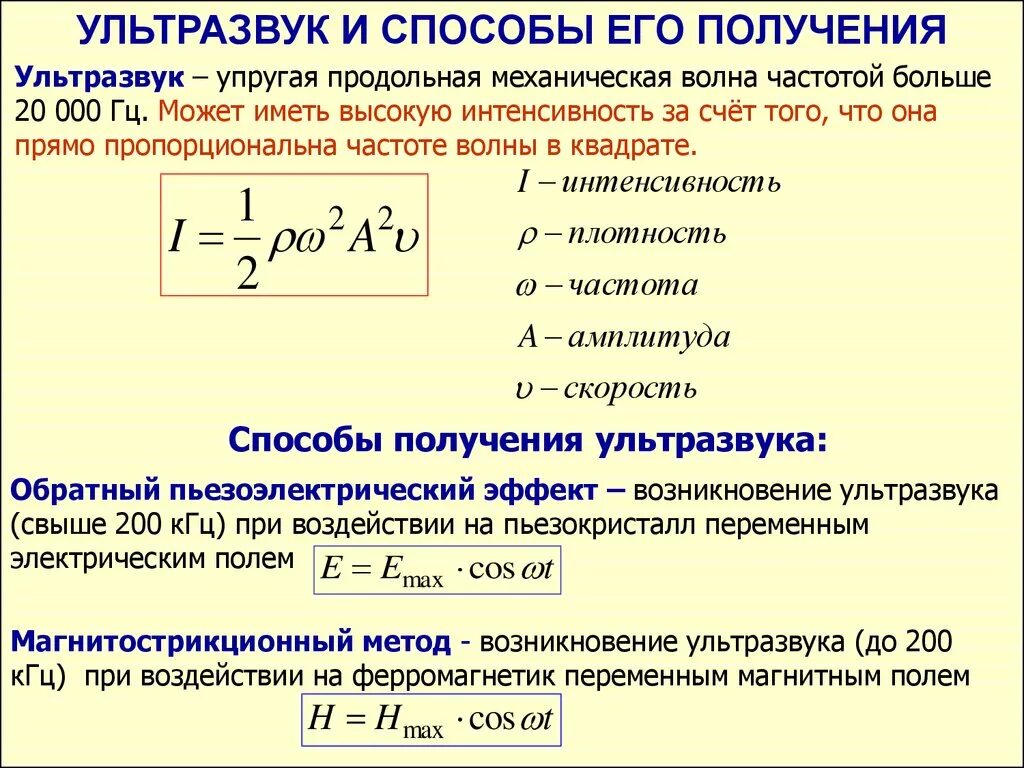 Период колебаний плотности воздуха. Длина волны ультразвука формула. Получение ультразвука. Методы получения ультразвука. Интенсивность ультразвука.