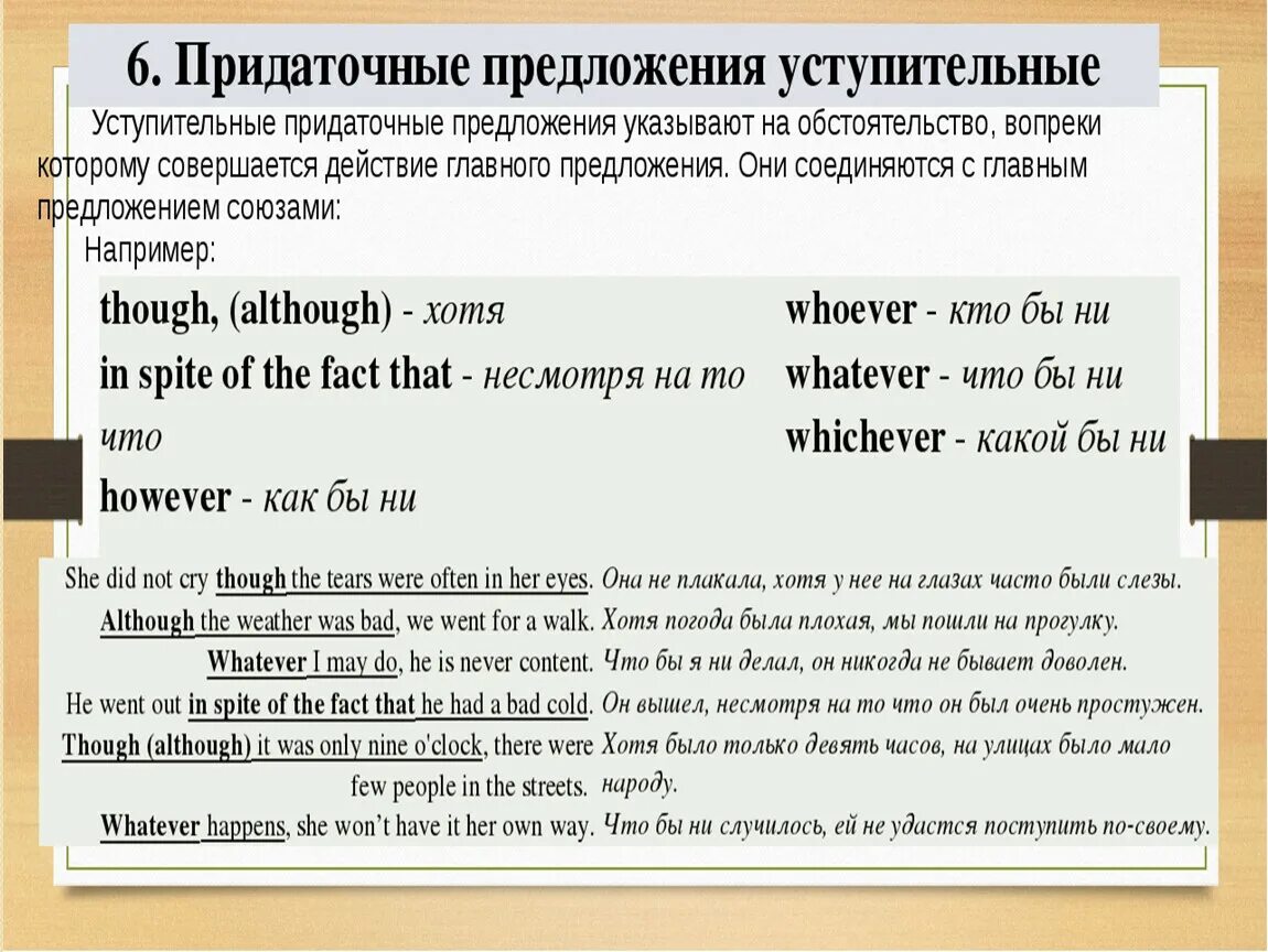 5 предложений с придаточным уступительным. Уступительное придаточное предложение в английском. предложения с уступительными союзами. придаточные предложения в английском языке. придаточные уступительные примеры.